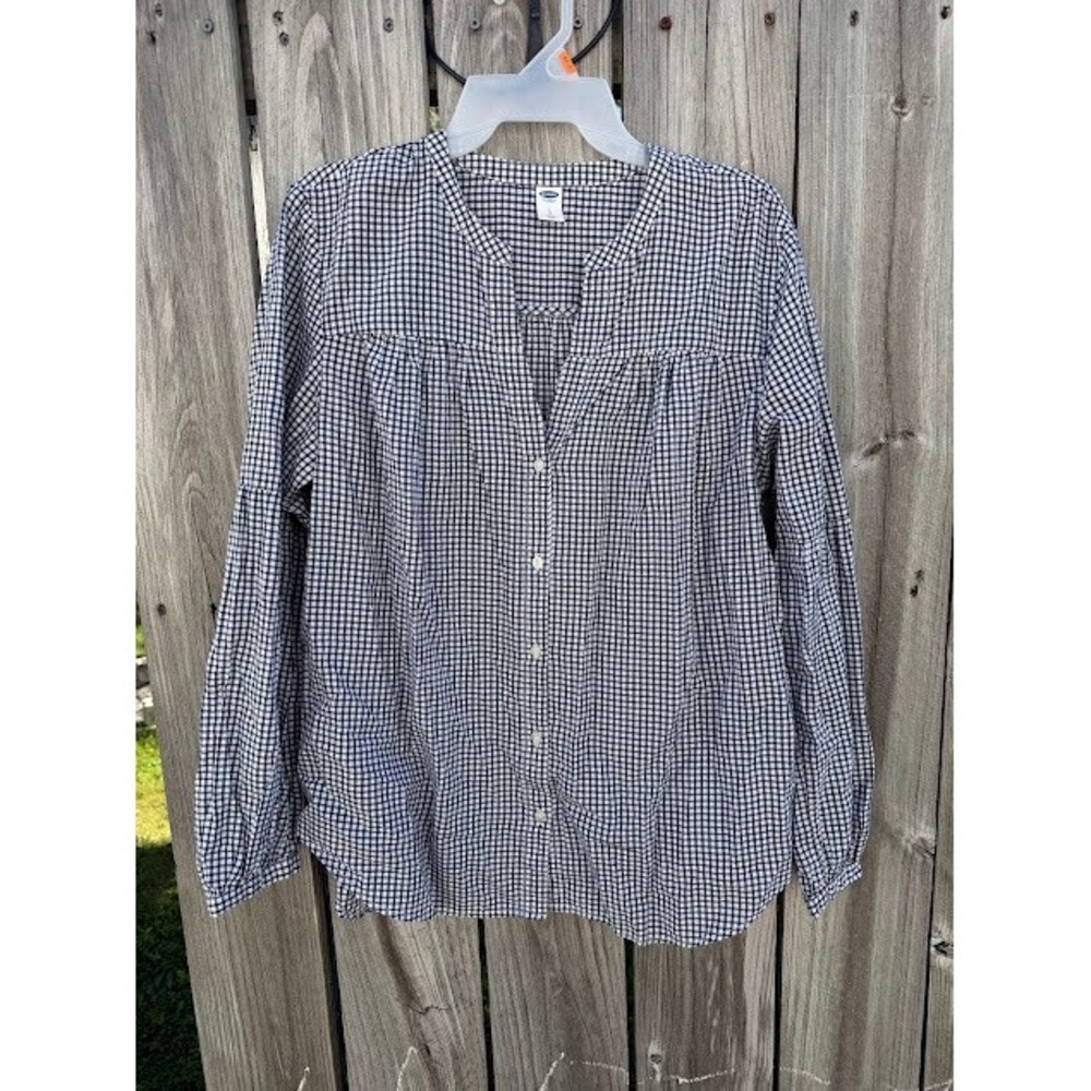 Cottagecore Preppy Old Navy Gingham Blouse Large Navy Blue White Split Neck Top
